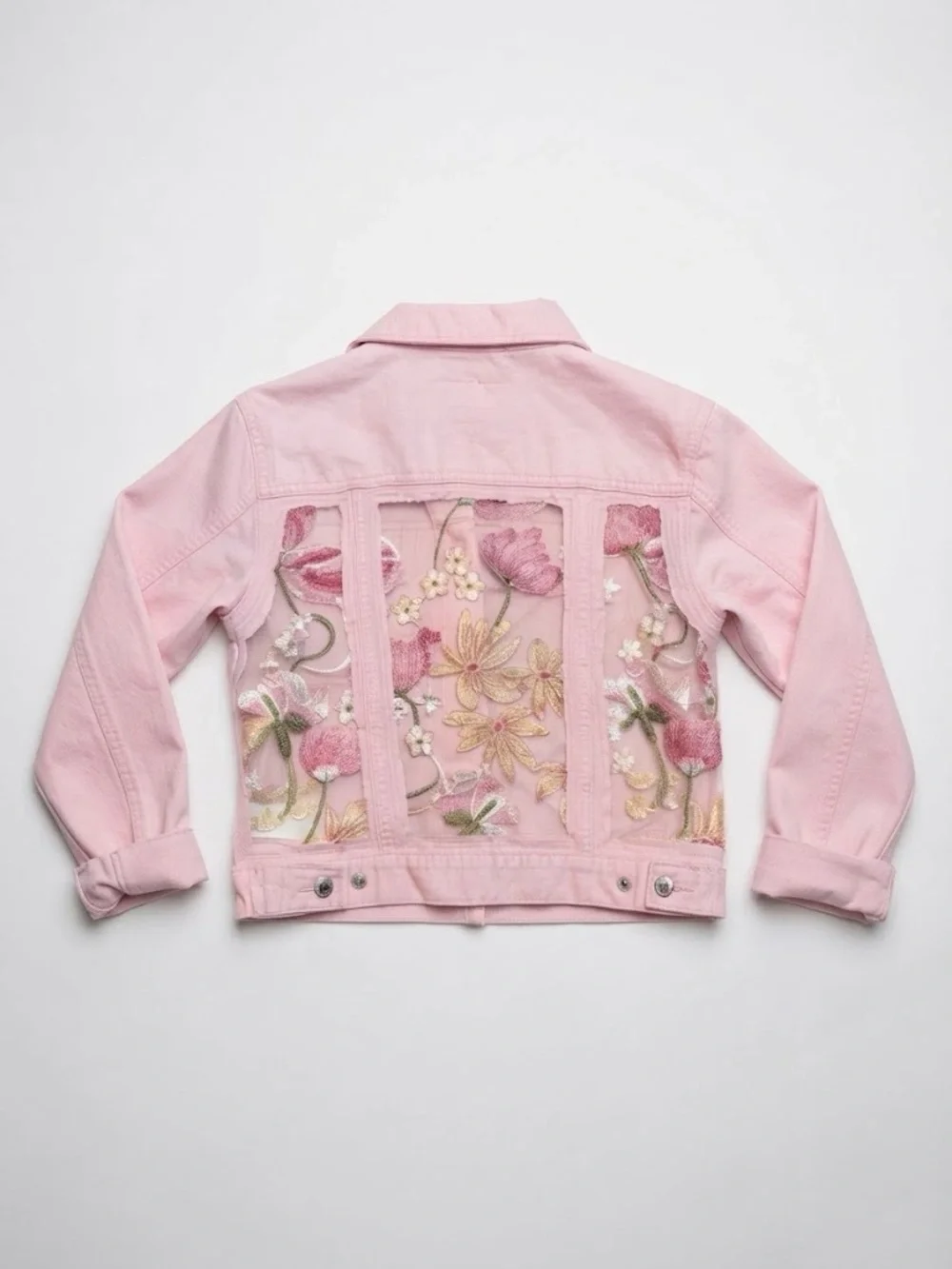 ✨UPCYCLED Girls' Light Pink Floral Embroidered Denim Jacket with Mesh Panels